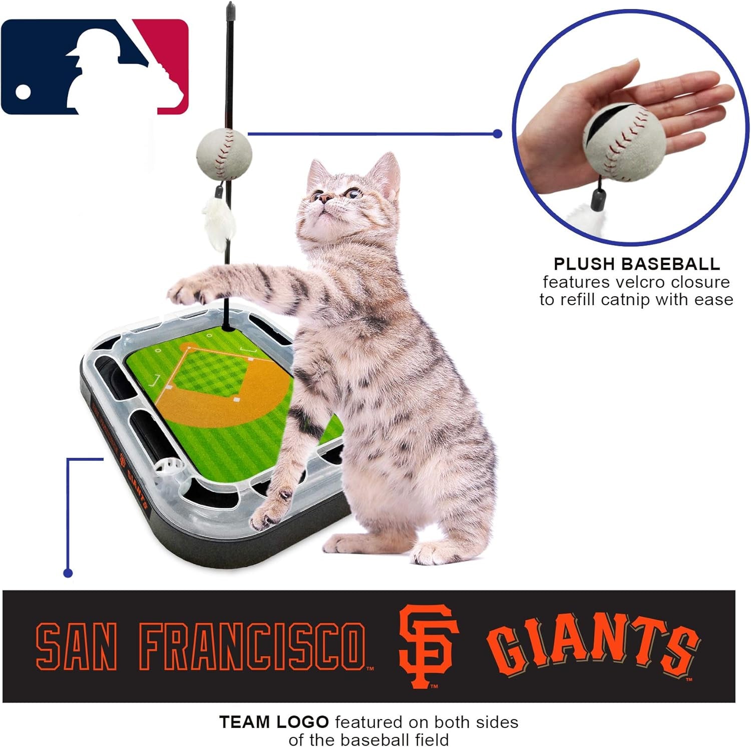 Cat Scratching Toy MLB SAN Francisco Giants Baseball Field Cat Scratcher Toy with Interactive Cat Ball Bell in Tracks. 5-In-1 CAT Toy: Cat Wand Poll with Catnip Filled Plush Baseball & Feathers.