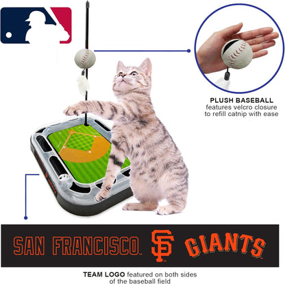 Cat Scratching Toy MLB SAN Francisco Giants Baseball Field Cat Scratcher Toy with Interactive Cat Ball Bell in Tracks. 5-In-1 CAT Toy: Cat Wand Poll with Catnip Filled Plush Baseball & Feathers.