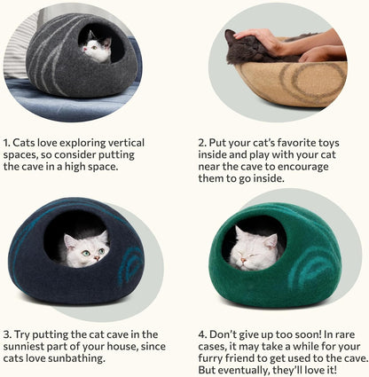 Cat Cave – Premium Felt Cat Bed for Indoor Cats, Handmade Merino Wool (Light Gray, Large)
