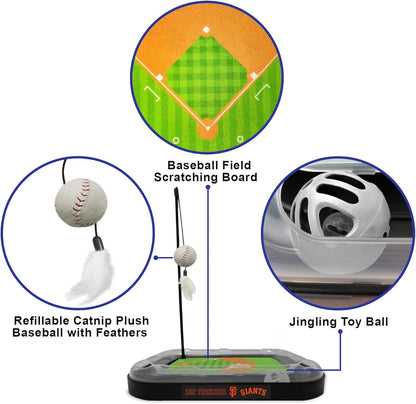 Cat Scratching Toy MLB SAN Francisco Giants Baseball Field Cat Scratcher Toy with Interactive Cat Ball Bell in Tracks. 5-In-1 CAT Toy: Cat Wand Poll with Catnip Filled Plush Baseball & Feathers.