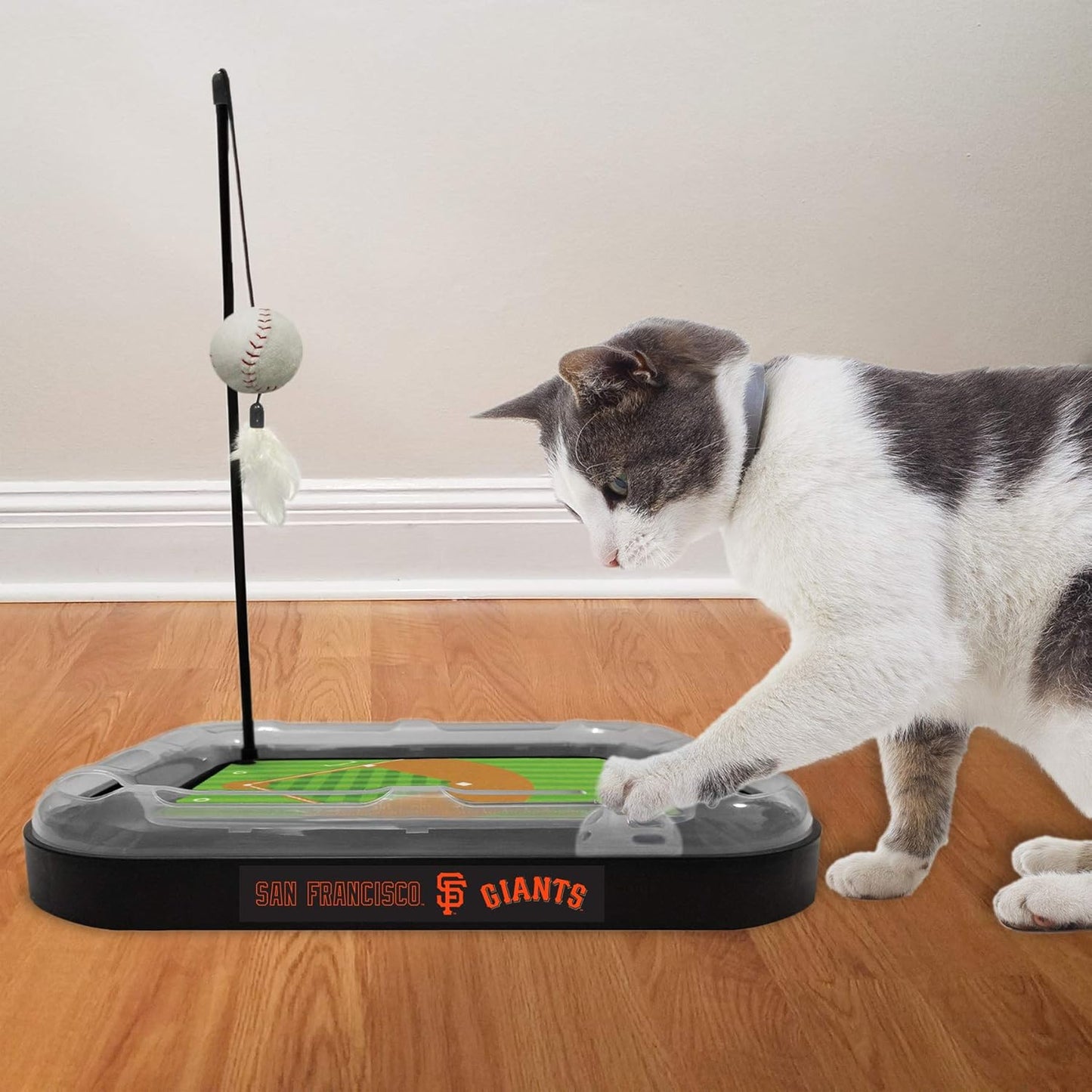 Cat Scratching Toy MLB SAN Francisco Giants Baseball Field Cat Scratcher Toy with Interactive Cat Ball Bell in Tracks. 5-In-1 CAT Toy: Cat Wand Poll with Catnip Filled Plush Baseball & Feathers.