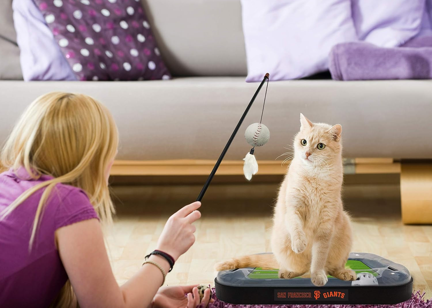 Cat Scratching Toy MLB SAN Francisco Giants Baseball Field Cat Scratcher Toy with Interactive Cat Ball Bell in Tracks. 5-In-1 CAT Toy: Cat Wand Poll with Catnip Filled Plush Baseball & Feathers.