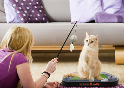 Cat Scratching Toy MLB SAN Francisco Giants Baseball Field Cat Scratcher Toy with Interactive Cat Ball Bell in Tracks. 5-In-1 CAT Toy: Cat Wand Poll with Catnip Filled Plush Baseball & Feathers.