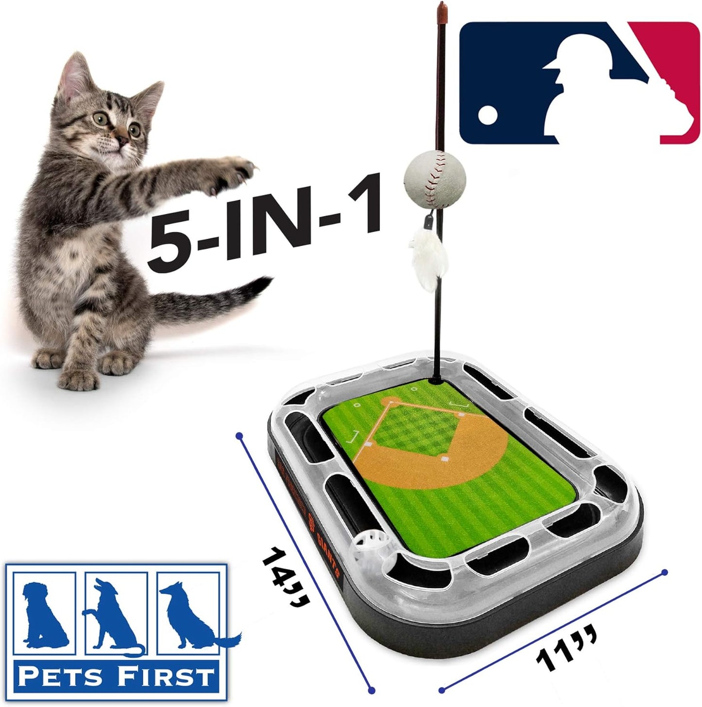Cat Scratching Toy MLB SAN Francisco Giants Baseball Field Cat Scratcher Toy with Interactive Cat Ball Bell in Tracks. 5-In-1 CAT Toy: Cat Wand Poll with Catnip Filled Plush Baseball & Feathers.