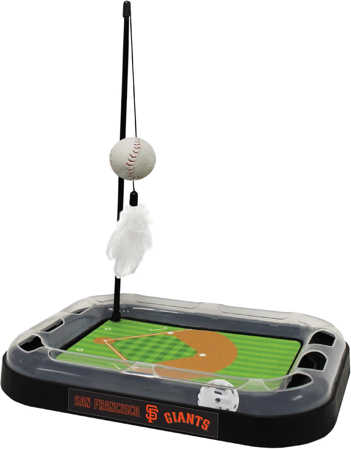 Cat Scratching Toy MLB SAN Francisco Giants Baseball Field Cat Scratcher Toy with Interactive Cat Ball Bell in Tracks. 5-In-1 CAT Toy: Cat Wand Poll with Catnip Filled Plush Baseball & Feathers.